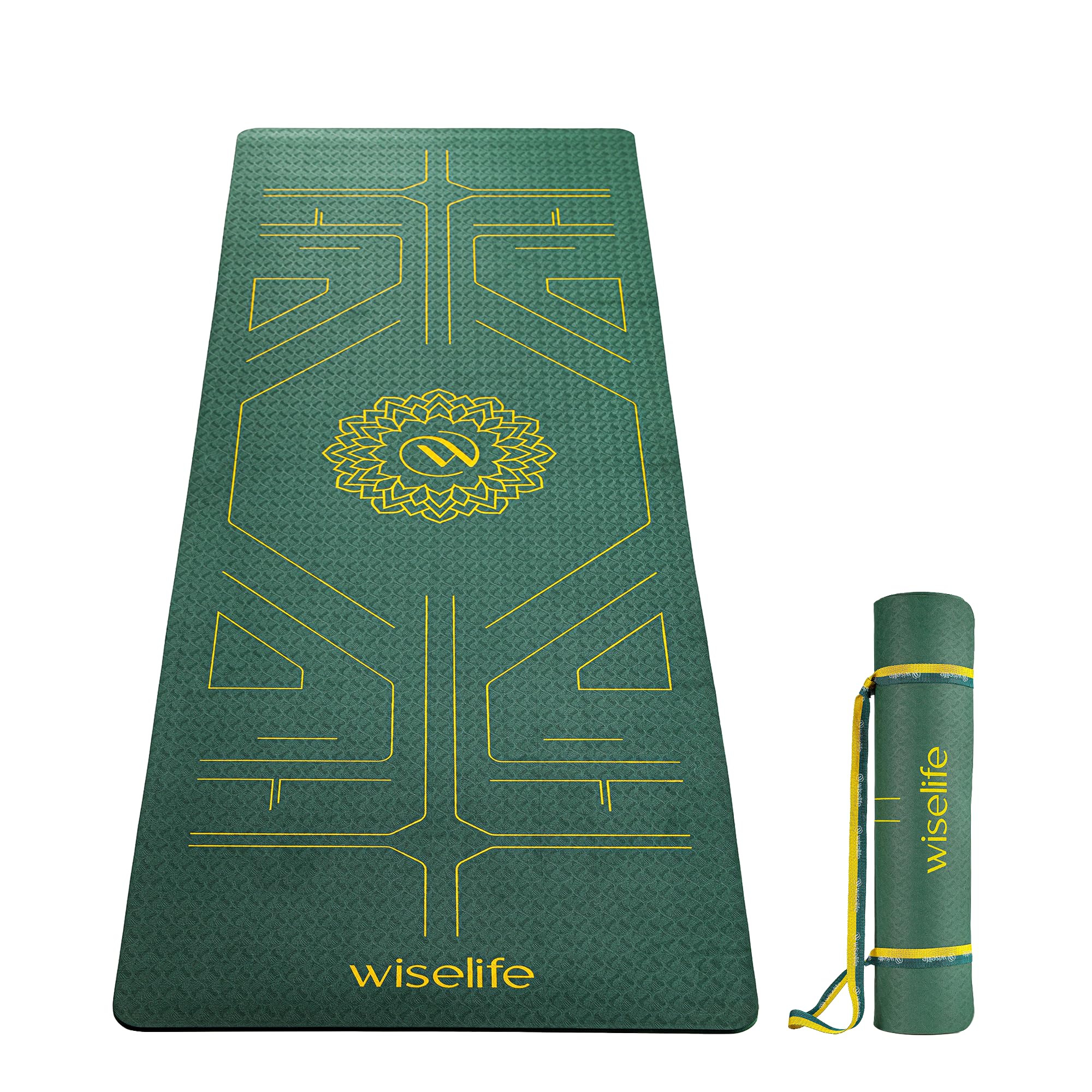 Wiselife True Alignment Yoga Mat + Sleek Yoga Strap For Men And Women (Probalance Tpe Material 6Mm Extra Thick Extra Long Extra Wide) (Emerald)