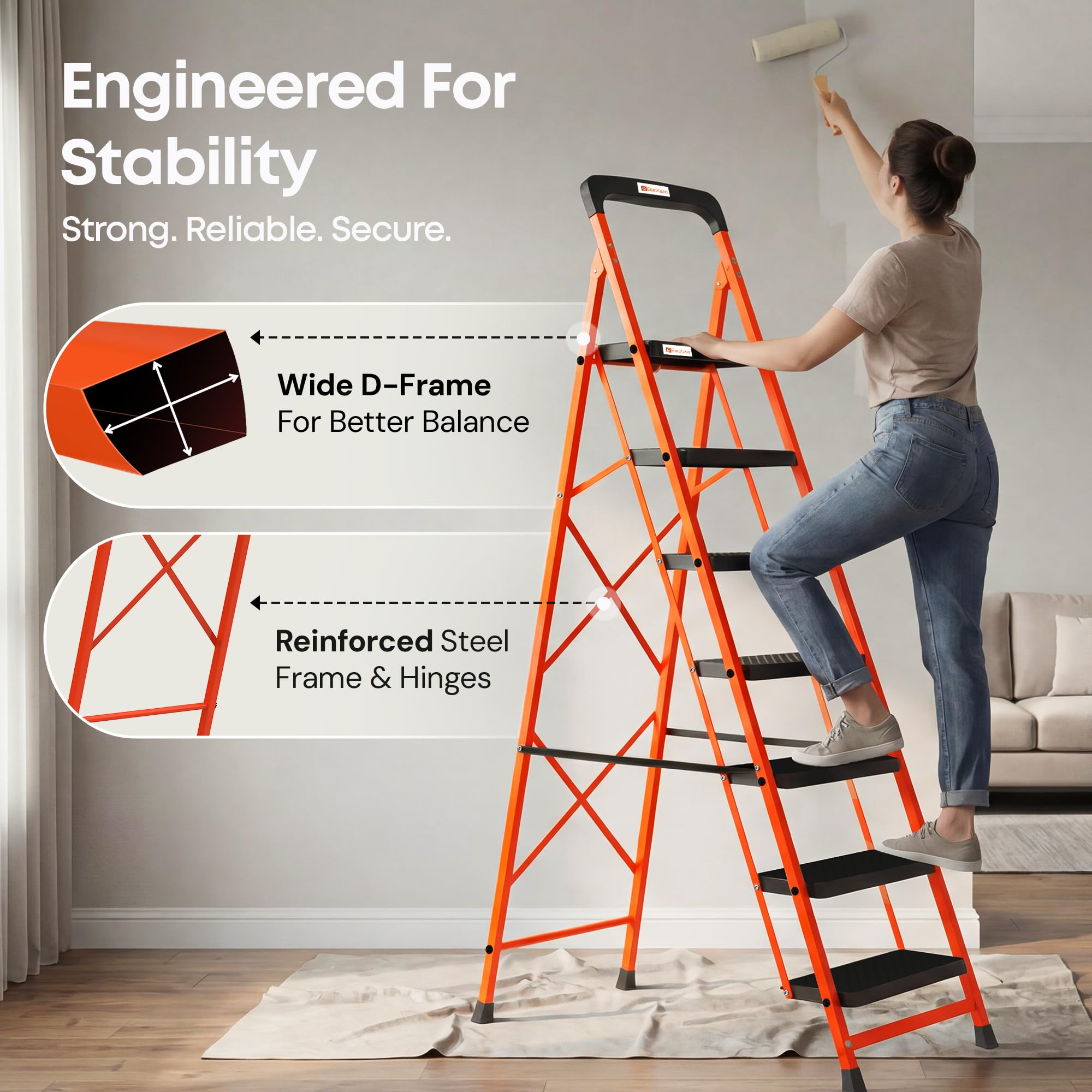 BonKaso Climb Easy 7 Step Foldable Steel Kitchen Ladder for Indoor & Outdoor use with Safety Clutch Lock, Anti-Slip Wide Durable Plastic Steps, Support Handle & Tool Tray (Orange & Black) image 5