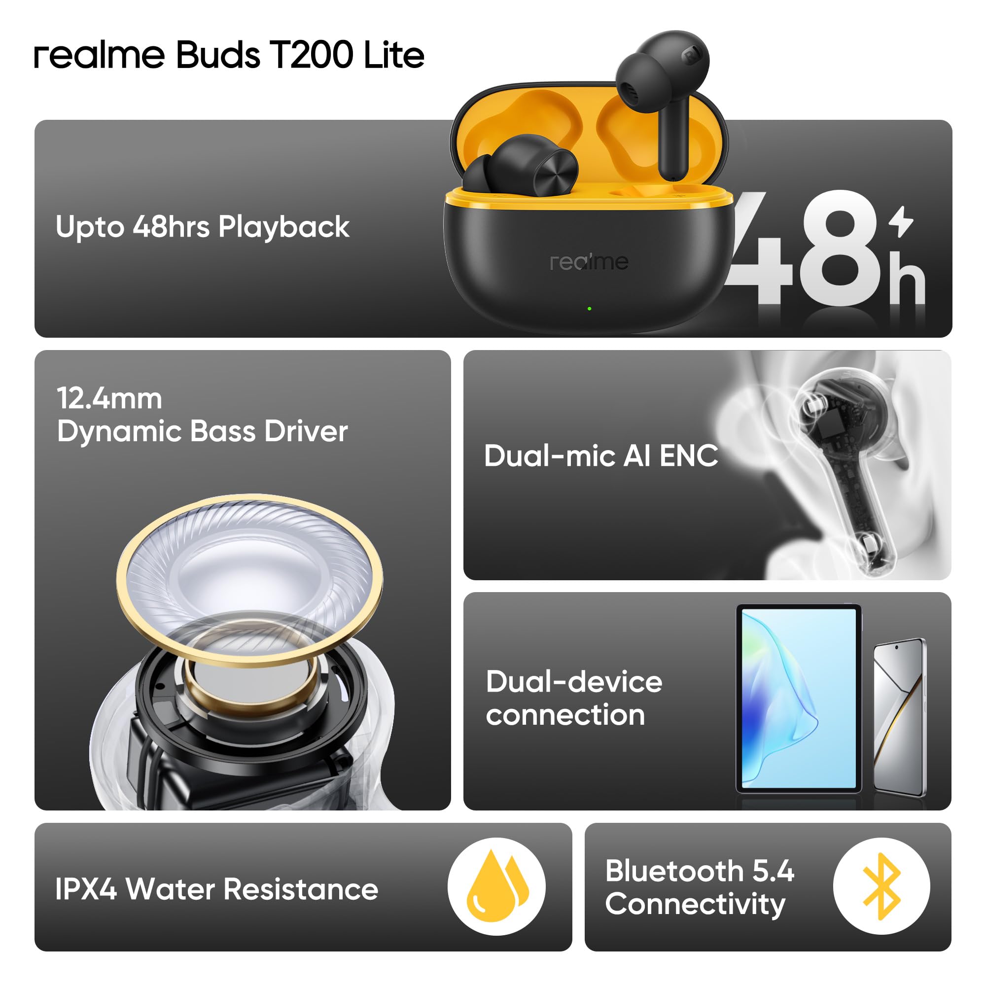 realme Buds T200 Lite Bluetooth in Ear Earbuds,4 Mic, AI ENC for Calls,48 Hours Total Playback with Fast Charging and Low Latency Gaming TWS,Google Fast Pair, with mic (Volt Black) | Bluetooth Connectivity, Long Battery Life, Clear Call Quality, In-Ear Fit, Music & Gaming image 5