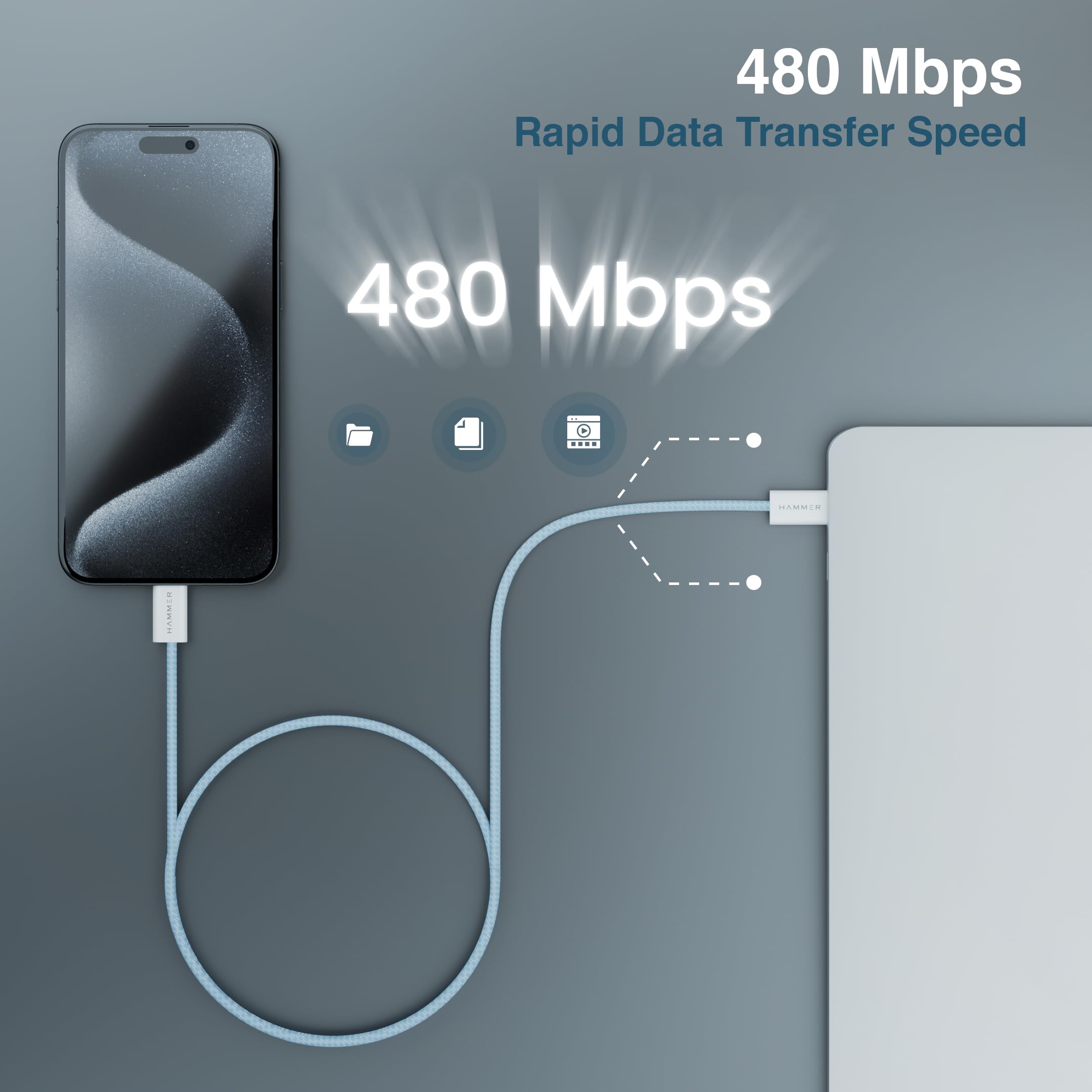 HAMMER Type C to Type C Cable 65W Braided, PD Fast Charging, Data Sync, 1.5 Meter Tangle Free Wire, Compatible with all C-Type Enabled Devices (Blue) image 5