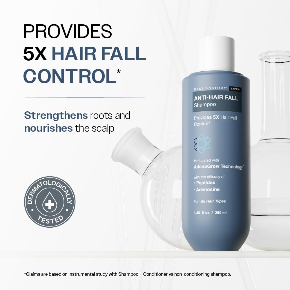 Bare Anatomy Anti-Hair Fall Shampoo | Provides 5x Hair Fall Control | pH 4.6 | Adenosine & Peptides | Strengthens Weak Roots & Reduces Breakage | Sulphate & Paraben Free | Unisex | 250ml image 3
