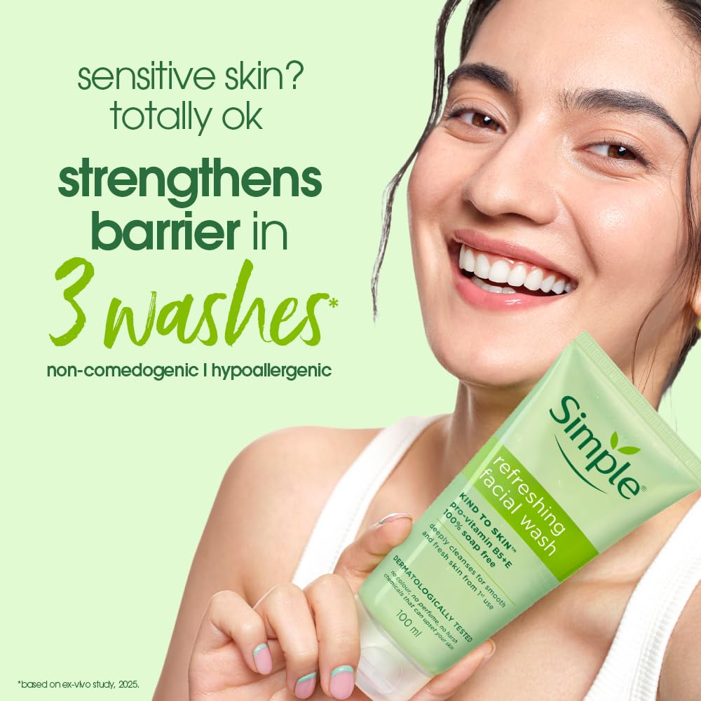 Simple Kind to Skin Refreshing Facial Wash | 100% Soap-Free Gentle Cleanser with Vitamin E & Glycerin | For All Skin Types | Perfect for Sensitive Skin, 100ml image 5