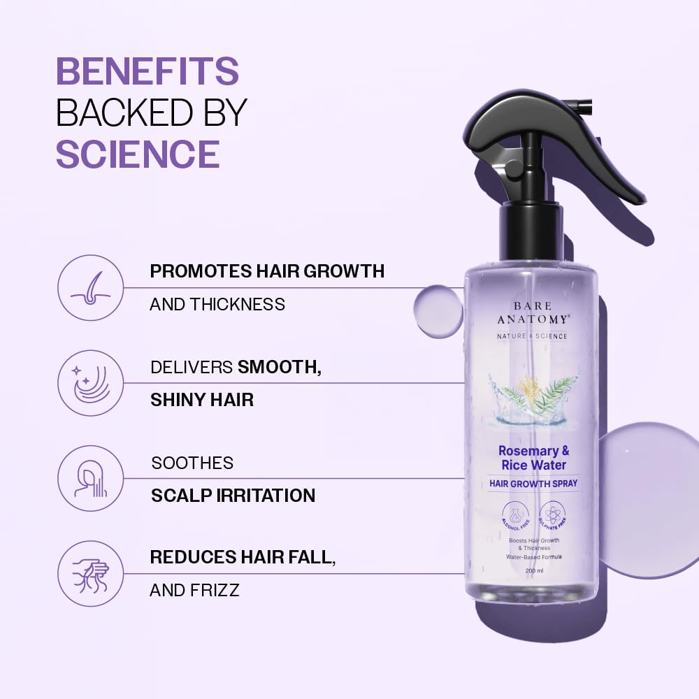Bare Anatomy Nature x Science Rosemary Water Spray for Hair Growth & Hair Thickness with Rice Water | 100% Natural Extract | Soft & Smooth Hair | Controls Hairfall & Adds Shine | Non-Greasy & Fast Absorbing | 200 ml image 3