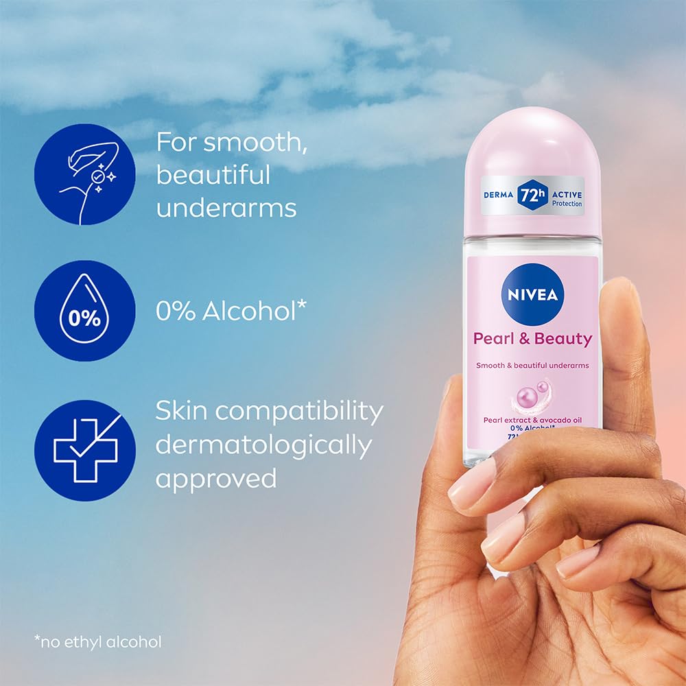 NIVEA Pearl and Beauty 50ml Deo Underarm Roll On | With Pearl Extracts & Avocado Oil | 72 H Long Lasting Floral Scent | 0% Alcohol and Dermat Approved | For Women image 5