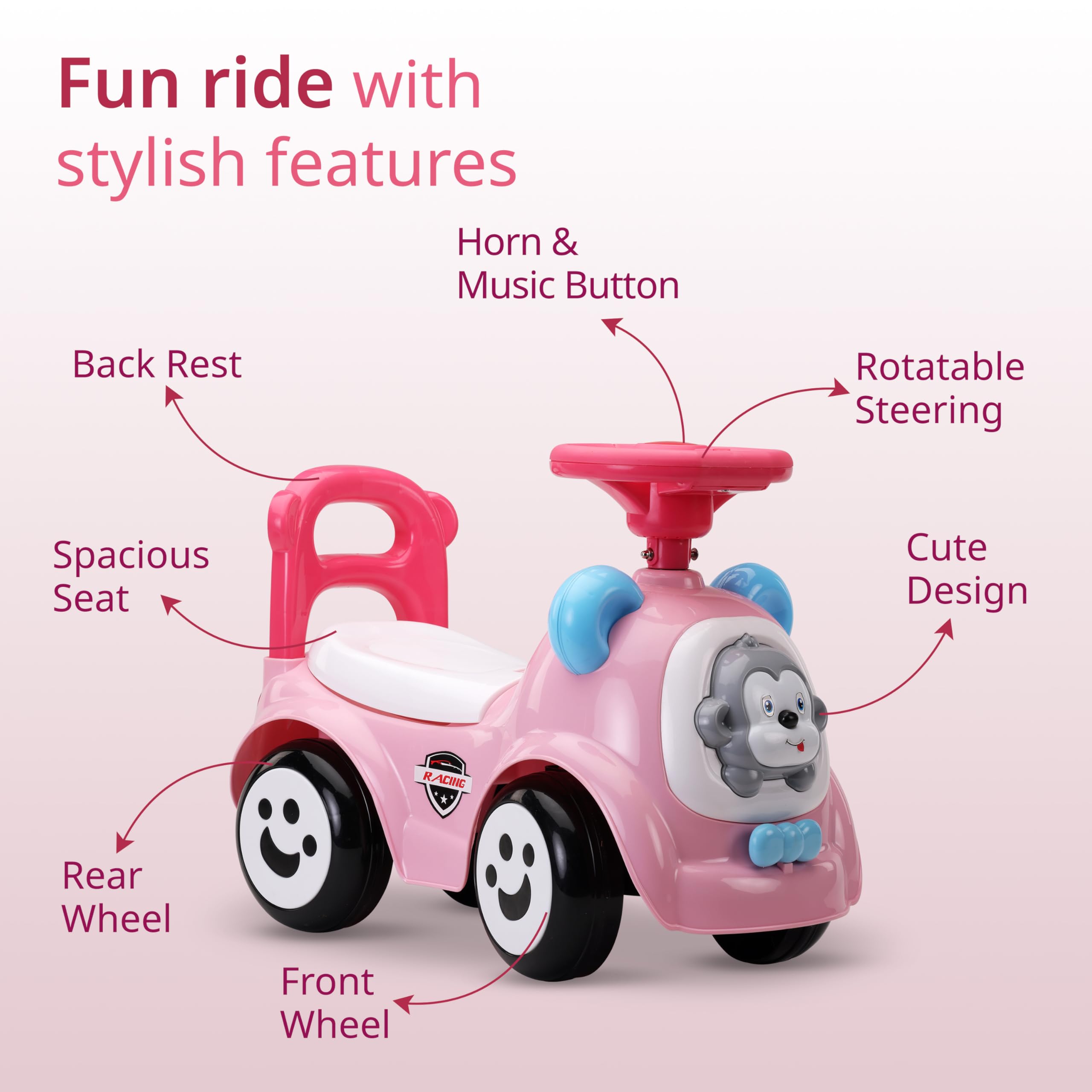 LuvLap Sunny Ride on & Car for Kids with Music & Horn Steering, Safety Guard, Under Seat Storage & Big Wheels, Ride on for Kids 1 to 3 Years Upto 25 Kgs (Pink) image 2
