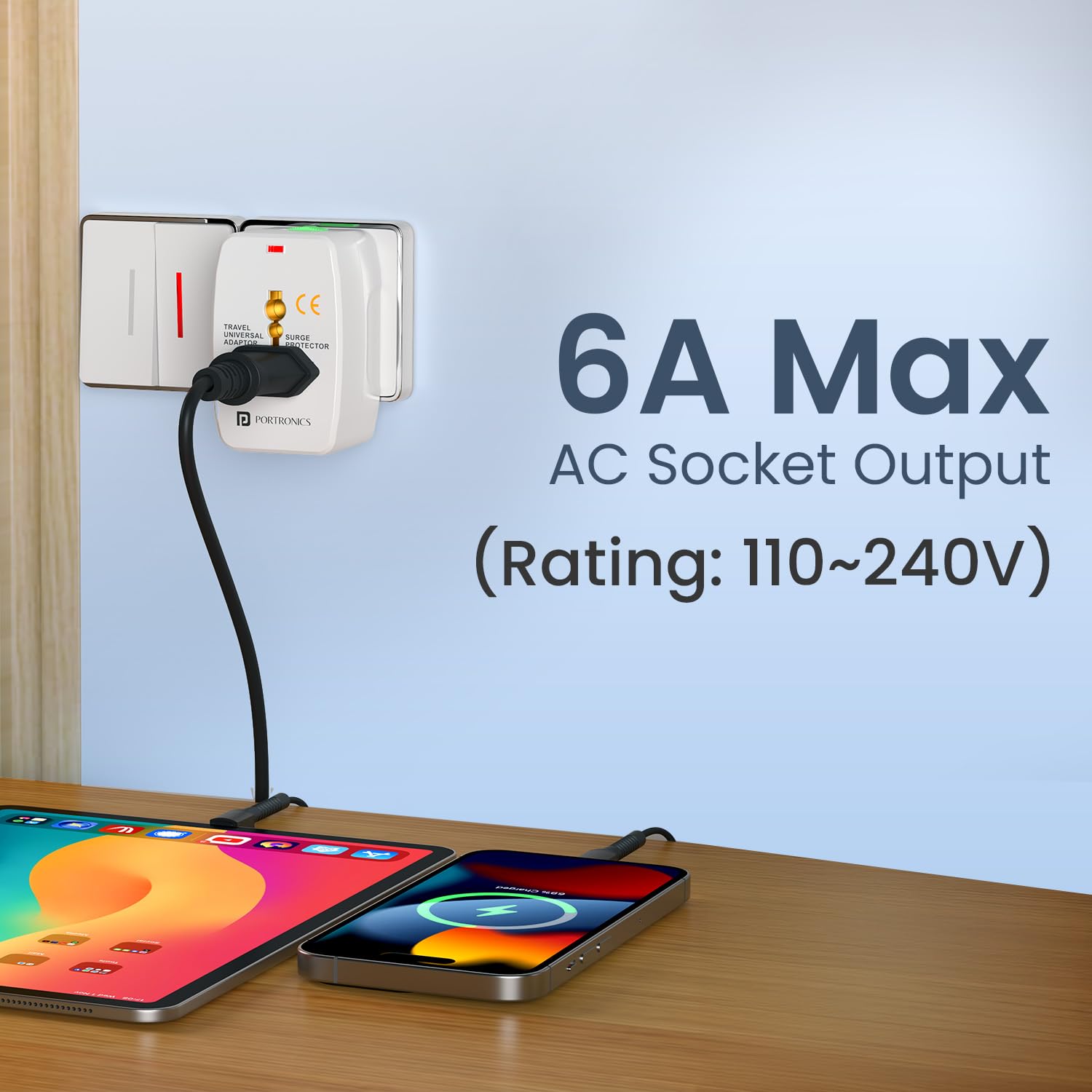 Portronics Juicemate Go Universal Travel Adapter with 6A AC Socket Output,Universal AC Socket, All in One International Travel Fast Charging Adapter,Suitable for 180+ Countries US,UK,EU,AUS,Etc image 4