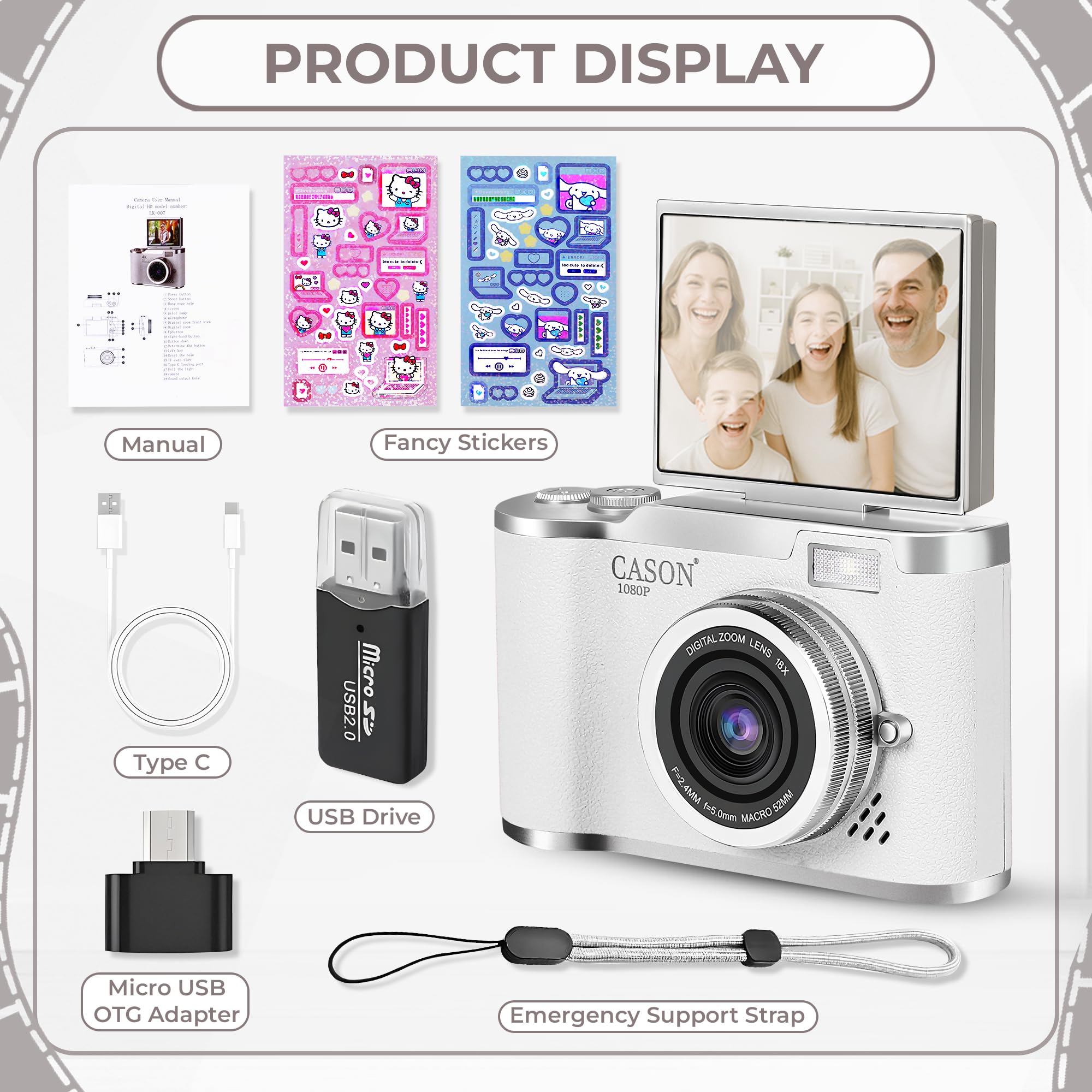 Cason 48MP Digital Camera for Kids & Adults -Real Photo & Video Mini Camera for Photography 2.4” Rotating Screen, Built in Games Kids Cameras for 5-15 Years Girls & Boys with 8 GB Sd Card -(White) image 5