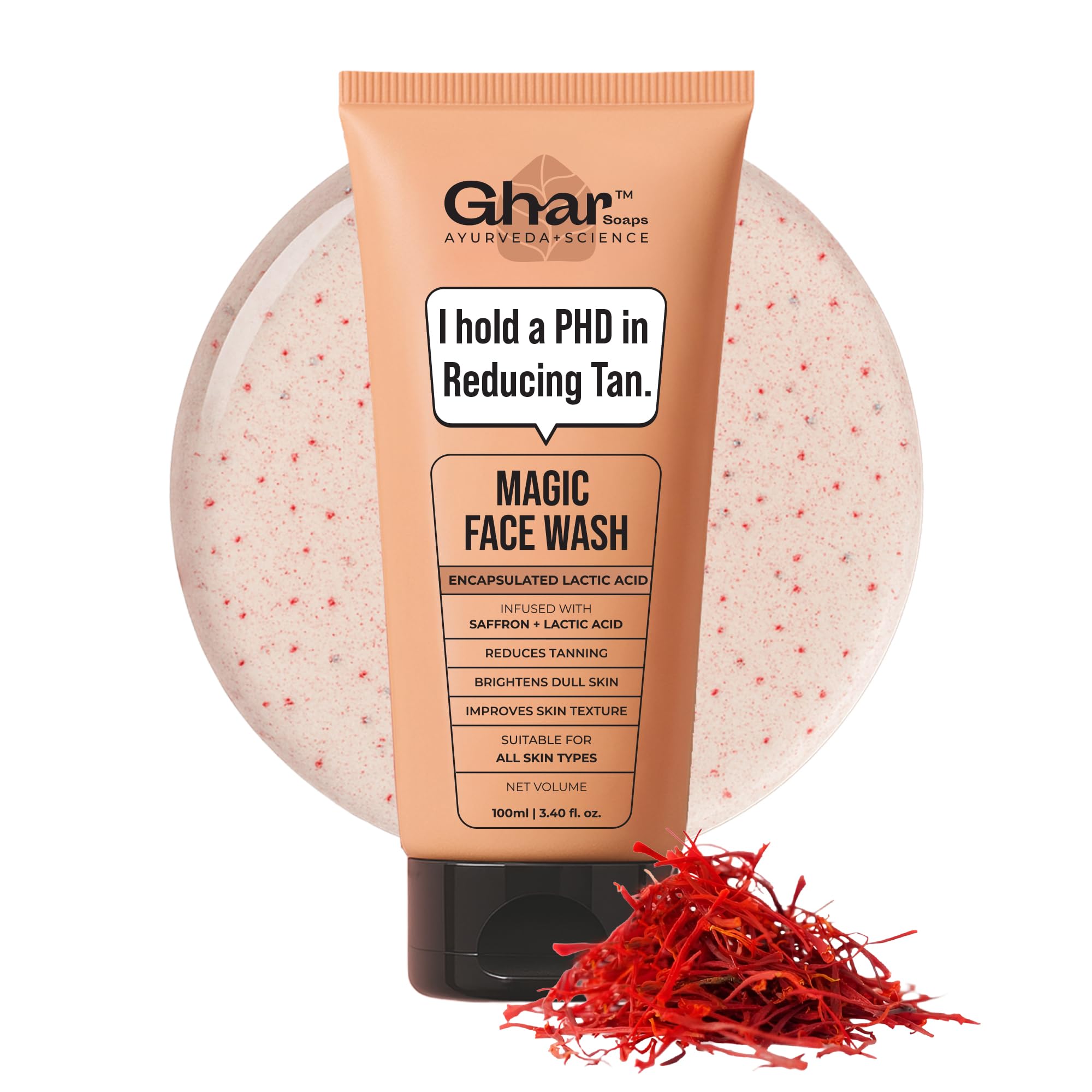 Ghar Soaps De-Tan Face Wash | For Tan Reducing, Brightening & Glowing Skin | With Sandalwood, Saffron, Coconut Oil & Goat milk | For All Skin Types | 100ml (Pack of 1)