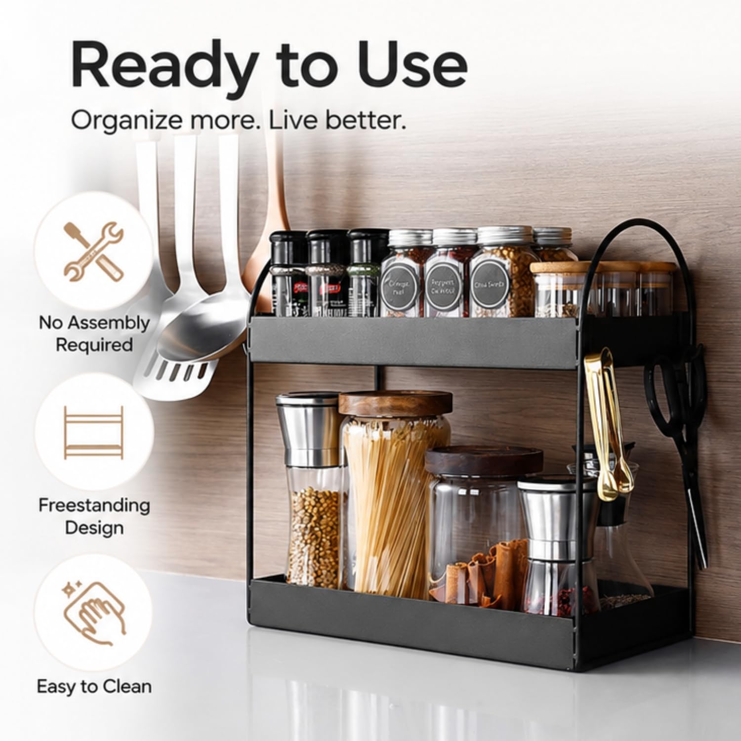 Go Hooked 2 Tier Kitchen Counter Organizer Rack 33x16.5x32 cm | Freestanding Metal Countertop Spice Rack & Pantry Storage Shelf | Bathroom Vanity Makeup Organizer | Rustproof Powder Coated Iron Black image 5