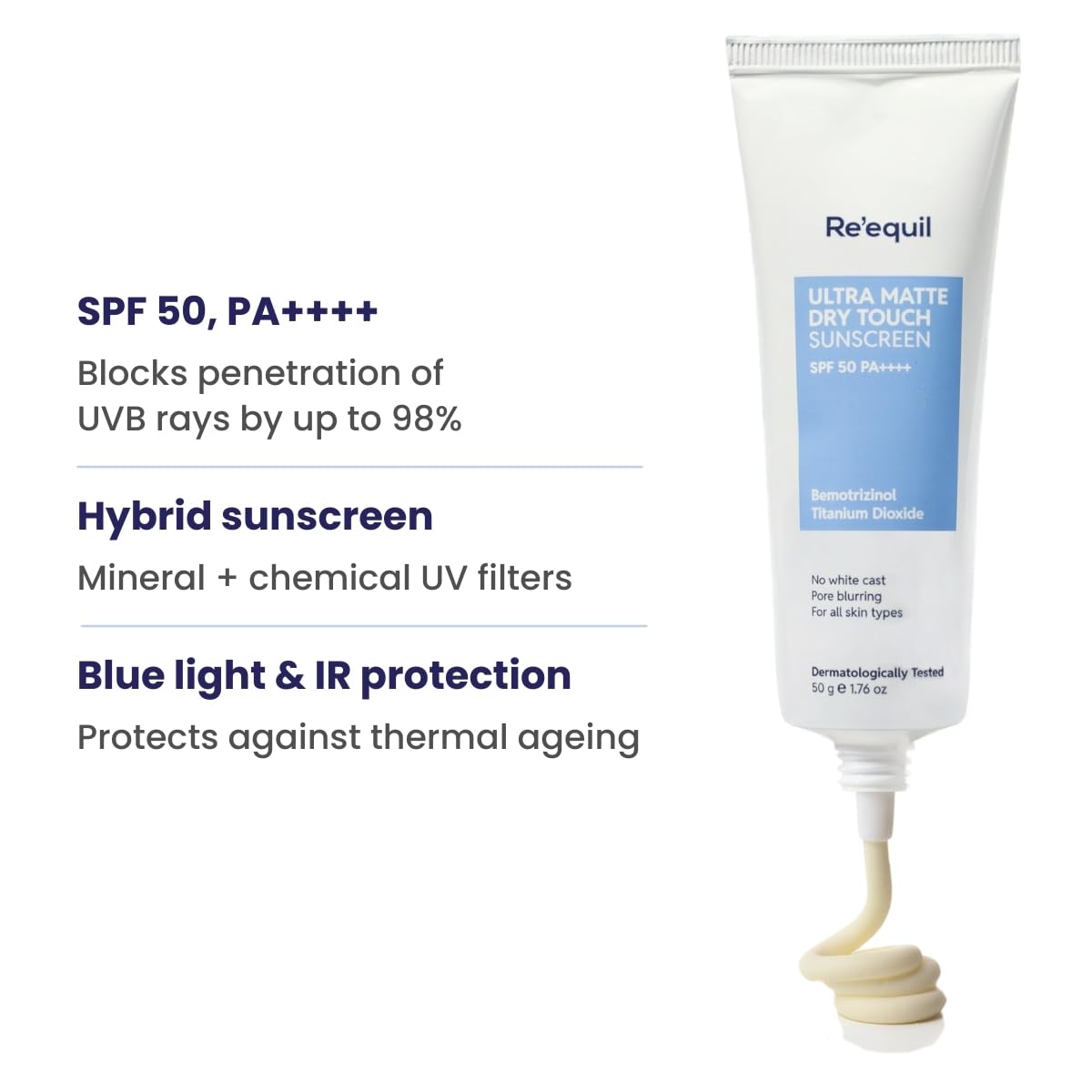 RE' EQUIL Ultra Matte Dry Touch Sunscreen | SPF 50 PA++++ | Water & Sweat Resistant | No White Cast, Non-Greasy & Non-Comedogenic | For All Skin Types | 50G image 3