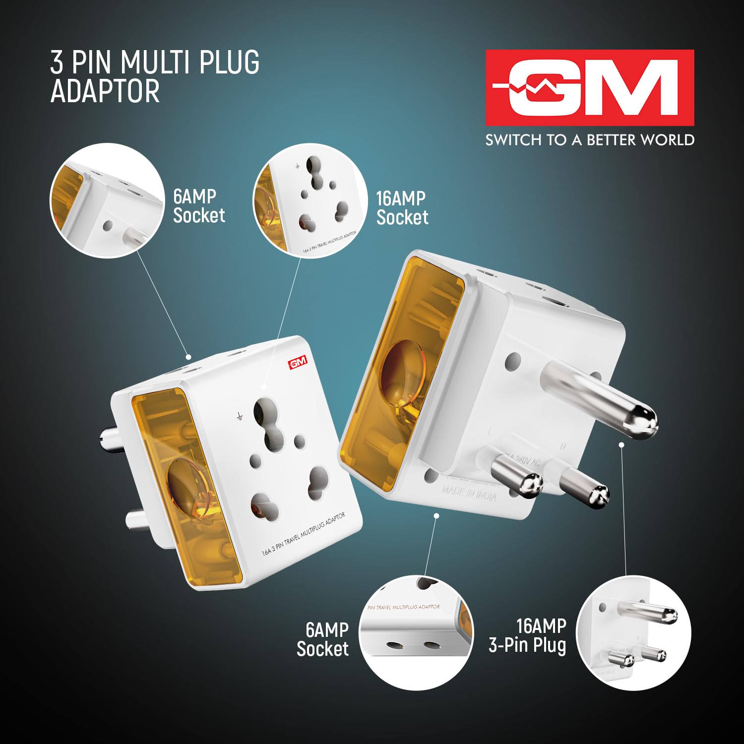 GM 3050 16 Amp 3 Pin Multi Plug Travel Adaptor - Universal Power Adapter Suitable for Class I & II Electrical Appliances, White image 2