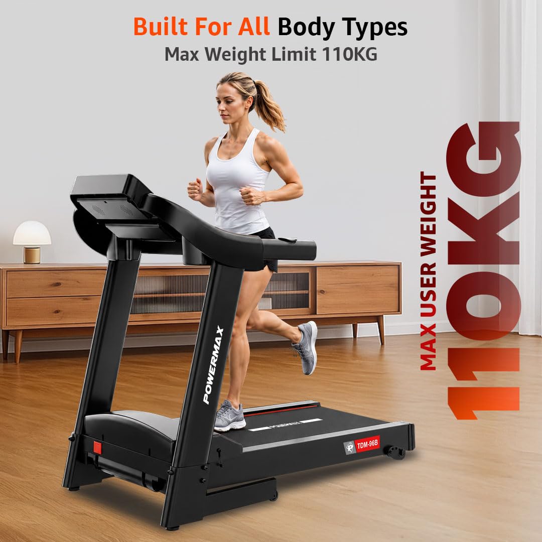 PowerMax Fitness TDM-96B 4HP DC Treadmill for Home | 110KG Max User Running Machine | 14km/hr Top Speed, 4-Level Manual Incline | Bluetooth for app, Speaker, Mp3 | Foldable Cardio Machine, LED Display image 5