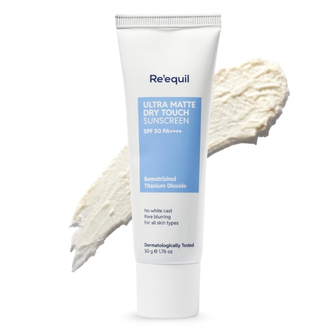 RE' EQUIL Ultra Matte Dry Touch Sunscreen | SPF 50 PA++++ | Water & Sweat Resistant | No White Cast, Non-Greasy & Non-Comedogenic | For All Skin Types | 6G (Trial Pack)
