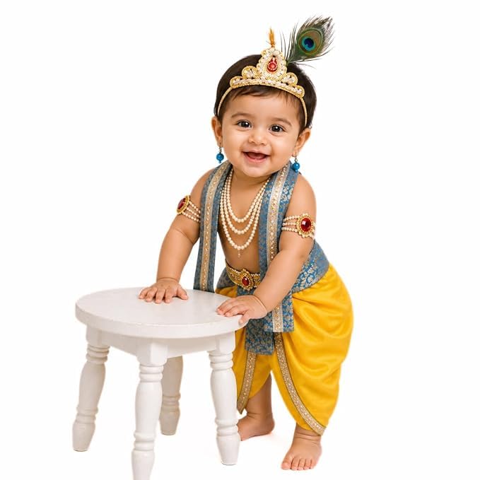 FANCY FLIGHT Krishna Dress for Baby Boy Kids(Dhoti,Patka,Mukut,Morpankh,Bansuri,Kamarband,Bajuband,Kundal) Little Krishna Ji Kanha Janmasthmi Costume