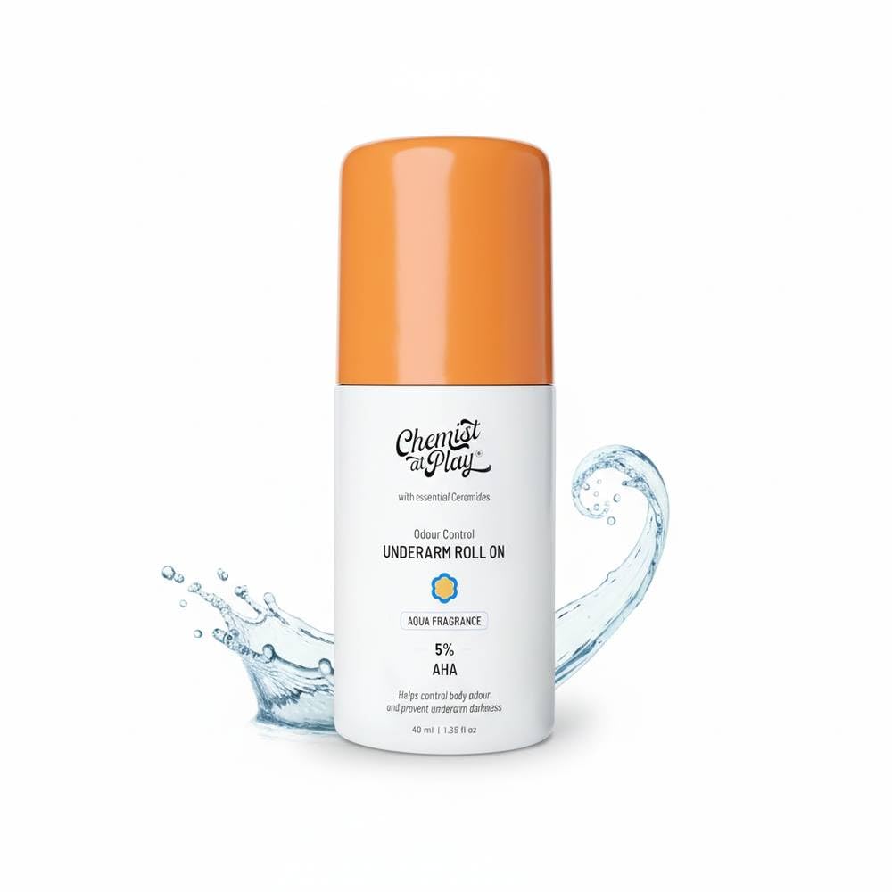 Chemist At Play UnderArm Roll On Deodorant with 5% AHA, Lactic Acid & 1% Mandelic Acid | Prevents Body Odour & Fades Pigmentation |0% Aluminium & 0% Alcohol |For Sensitive Skin | Aqua Fragrance | 40ml