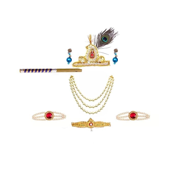 FANCY FLIGHT Krishna Dress for Baby Boy Kids(Dhoti,Patka,Mukut,Morpankh,Bansuri,Kamarband,Bajuband,Kundal) Little Krishna Ji Kanha Janmasthmi Costume image 5