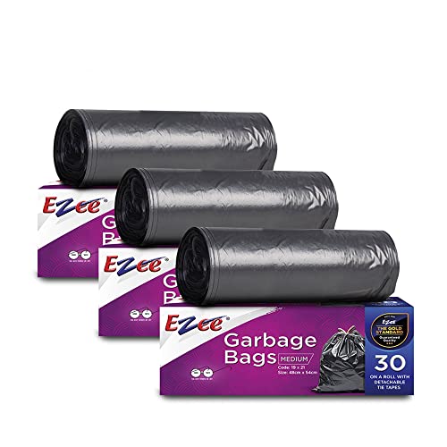 Ezee Live Life Ezee Way Plastic Black Garbage Bags for Dustbin|90 Pcs|Medium 19 X 21 Inches|30 Pcs X Pack of 3, 3 count