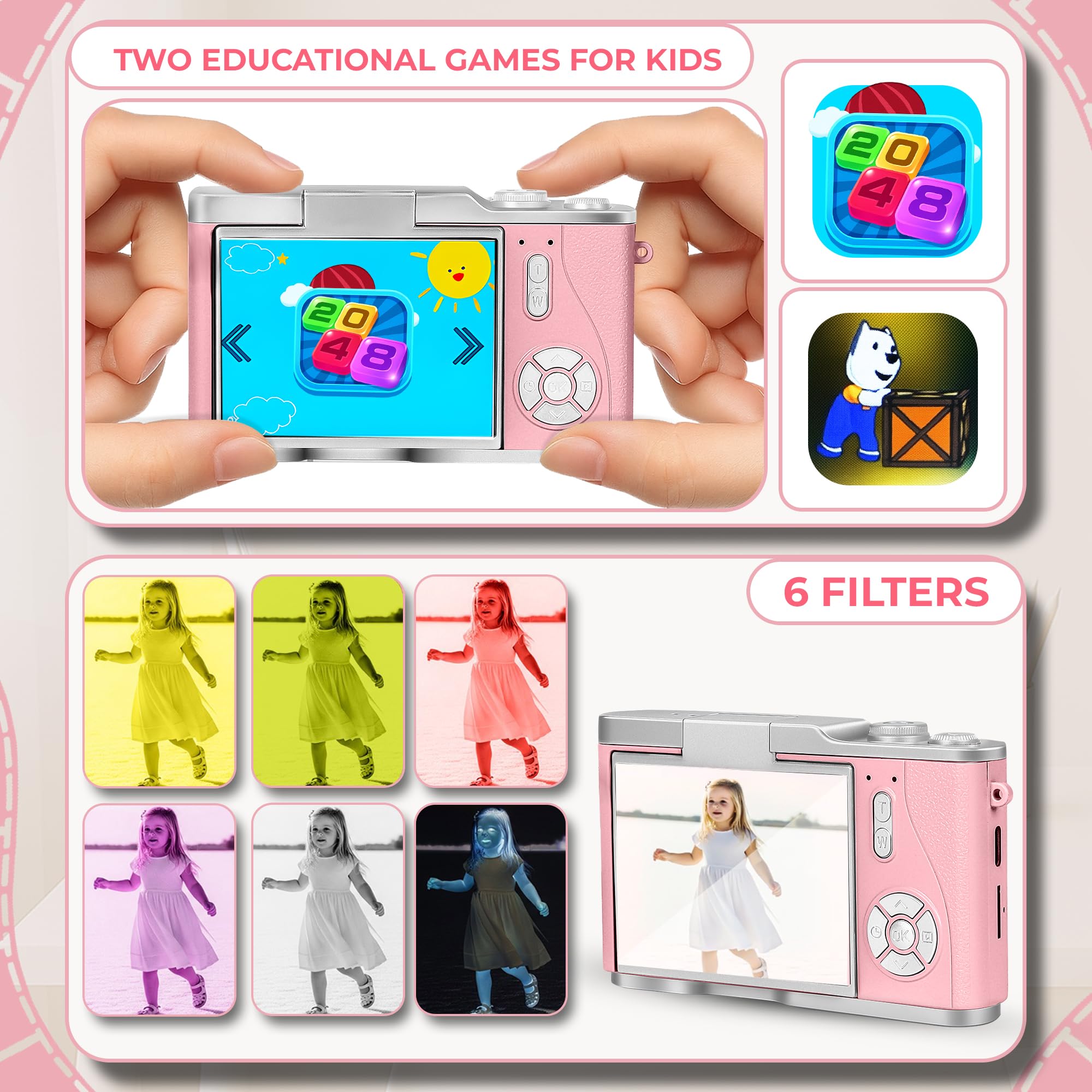 Cason 48MP Digital Camera for Kids & Adults -Real Photo & Video Mini Camera for Photography 2.4” Rotating Screen, Built in Games Kids Cameras for 5-15 Years Girls & Boys with 8 GB Sd Card (Pink) image 3