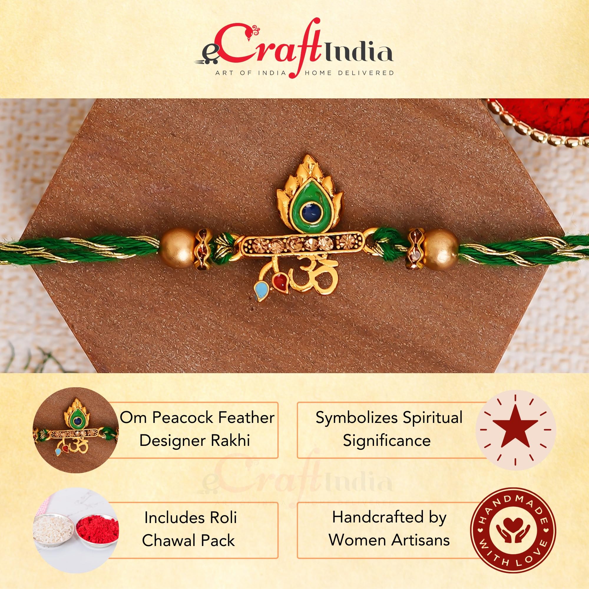 eCraftIndia Green & Golden Om & Peacock Feather Religious Designer Rakhi with Roli Chawal Pack and Best Bro Ever Fridge Magnet - Rakhi for Brother, Bhaiya, Bhai image 4