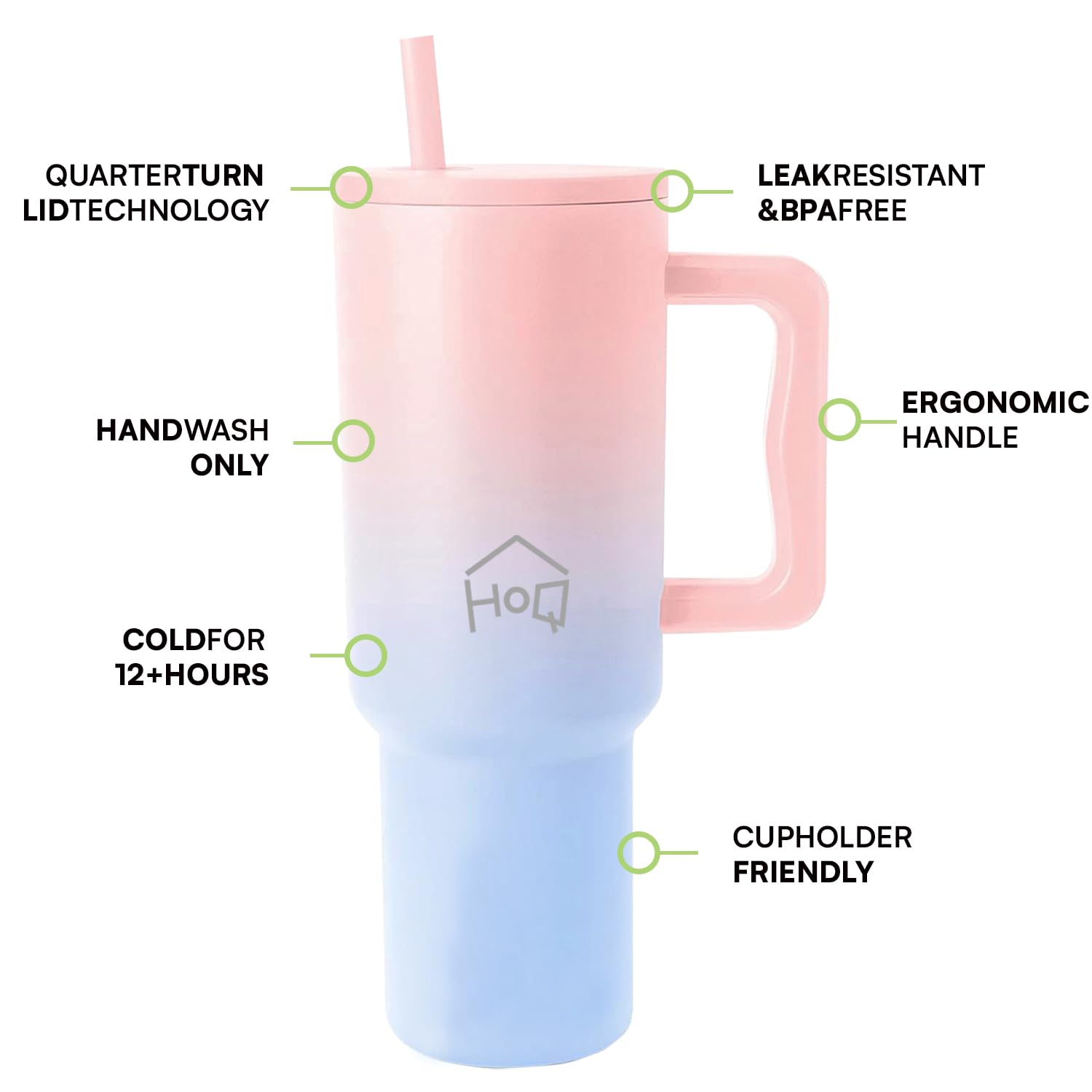 House of Quirk 1200ML Stainless Steel Tumbler with Handle & Lid, 2 Straws – Large Travel Mug Water Cup for Gym, Office & Outdoor Use (Cotton Candy Haze) image 4