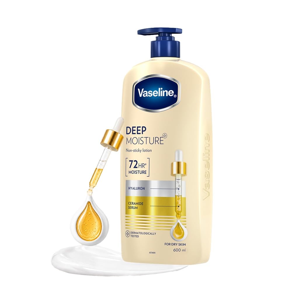 Vaseline Deep Moisture Body Lotion with Ceramide Hyaluron Fillers | 10X More Moisture for Cushion Soft Glowing Skin | For Dry Skin | Lightweight Non-Sticky Formula | 600ml