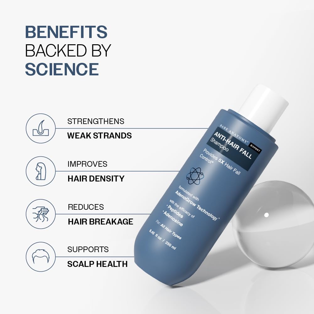 Bare Anatomy Anti-Hair Fall Shampoo | Provides 5x Hair Fall Control | pH 4.6 | Adenosine & Peptides | Strengthens Weak Roots & Reduces Breakage | Sulphate & Paraben Free | Unisex | 250ml image 4