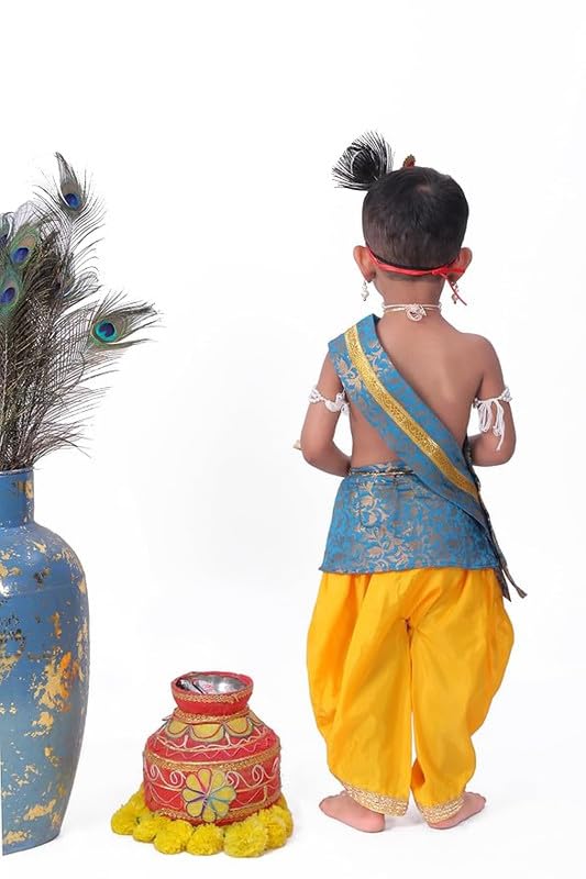 INTERNATIONAL Krishna Dress for Kids | Baby Krishna Costume with Jewellery Accessories| Yellow Ferozi Designer Krishna Outfit for Boys & Girls|Bal Gopal Fancy Dress for Janmashtami & Festivals image 3