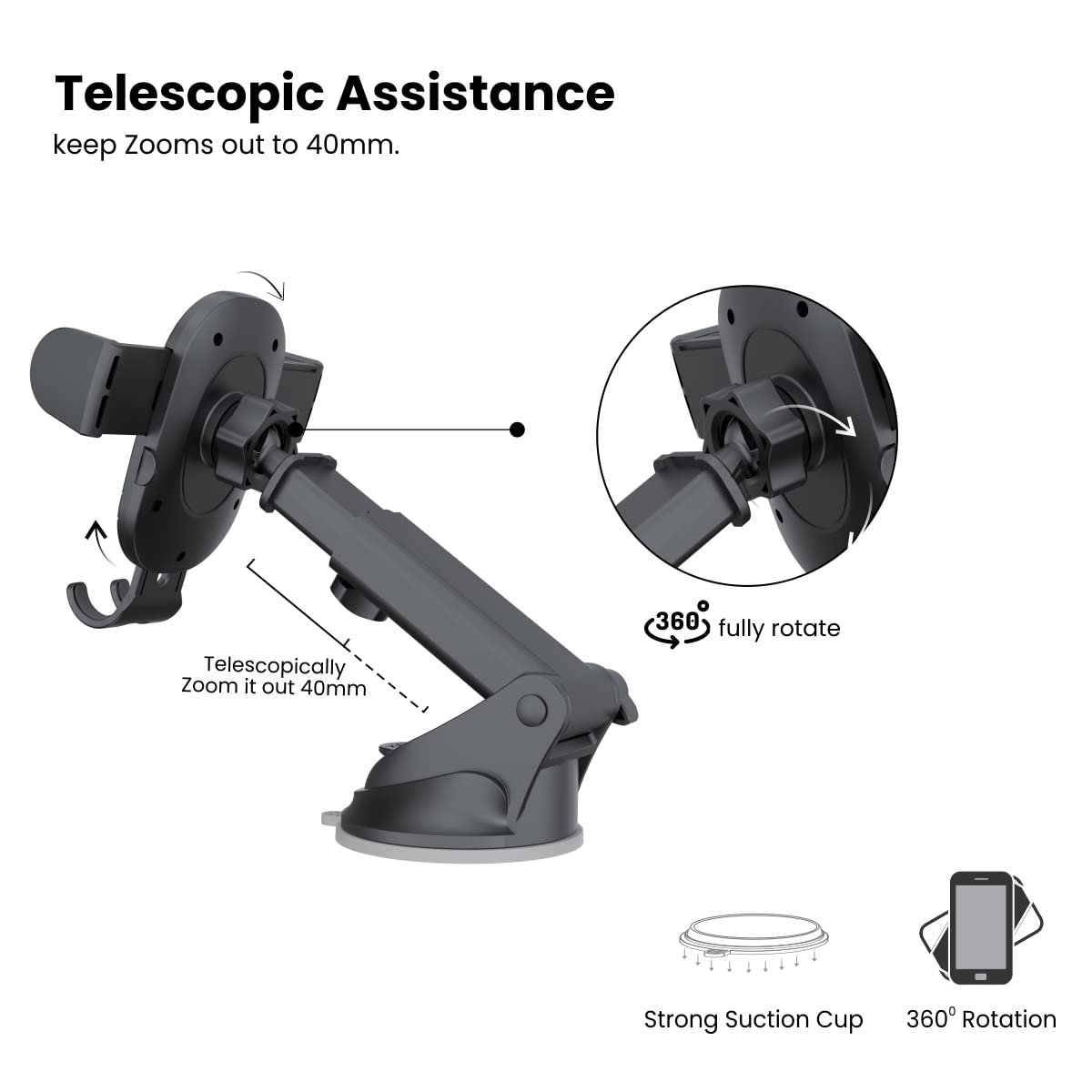 Portronics Clamp M2 Adjustable Car Mobile Phone Holder Stand for Dashboard & Windshield, 360° Rotational, Strong Suction Cup, Compatible with 4 to 6 inch Devices(Black) image 4