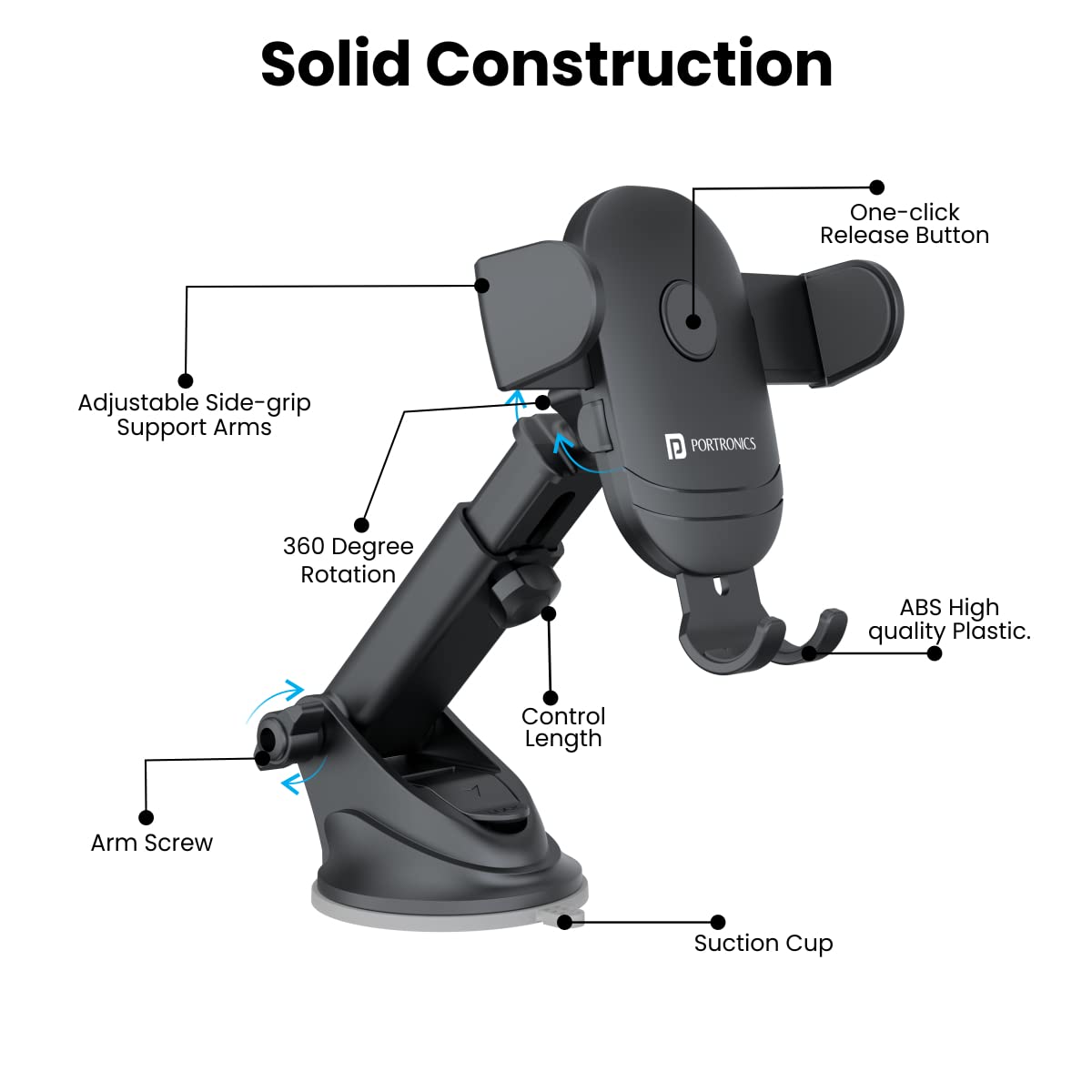 Portronics Clamp M2 Adjustable Car Mobile Phone Holder Stand for Dashboard & Windshield, 360° Rotational, Strong Suction Cup, Compatible with 4 to 6 inch Devices(Black) image 5