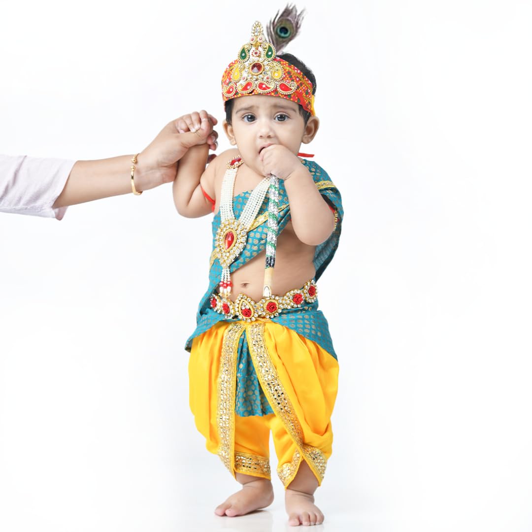 ITSMYCOSTUME Krishna Dress for Baby Boy Kids Set of 10(Dhoti,Hip Cover,Patka,Mukut,Morpankh,Bansuri,Kamarband,Bajuband,Kundal) Little Krishna Ji Kanha Janmasthmi Costume
