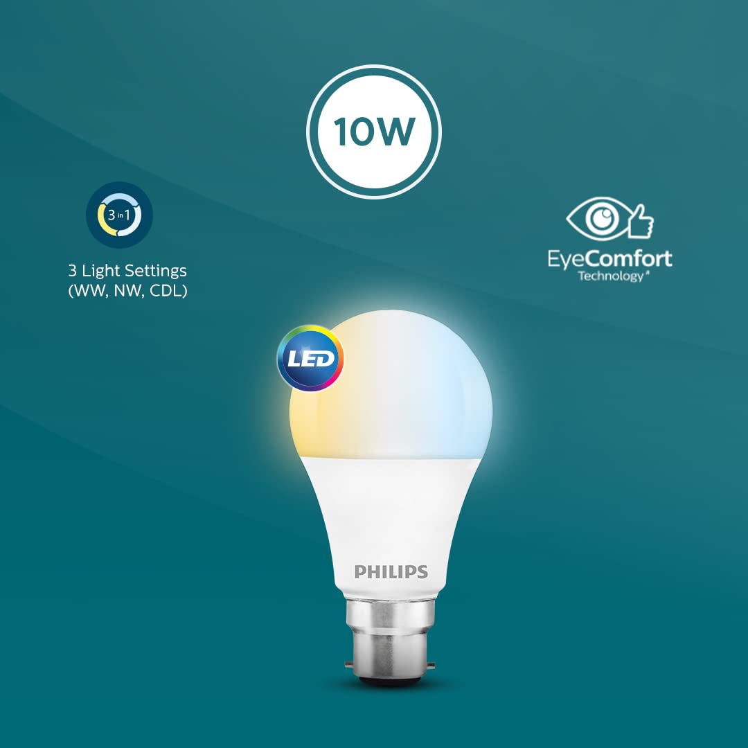 Philips 10-watt LED Bulb|3 Colors in 1 LED Bulb|Scene Switch Bulb for Home & Decoration|Color: Tunable White, Pack of 1, 10 w, b22d image 3