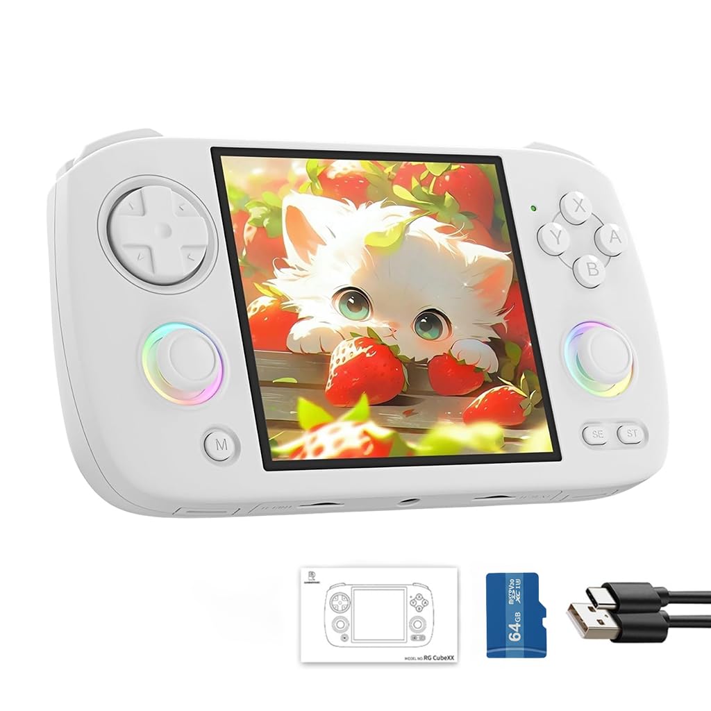 an-bernic RG CubeXX Handheld Gaming Console for Boys 7-14, 3.95'' IPS Display 64GB Preloaded Retro Video Game, 3200mAh Battery, 30+ Emulators, WiFi, Bluetooth, TV-Out, Type-C, RGB Lighting (White)