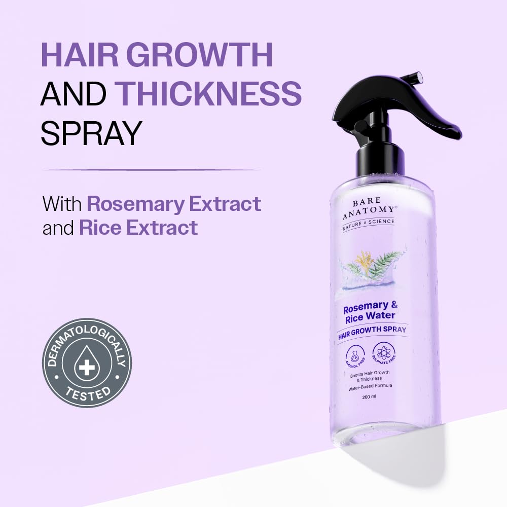Bare Anatomy Nature x Science Rosemary Water Spray for Hair Growth & Hair Thickness with Rice Water | 100% Natural Extract | Soft & Smooth Hair | Controls Hairfall & Adds Shine | Non-Greasy & Fast Absorbing | 200 ml image 2