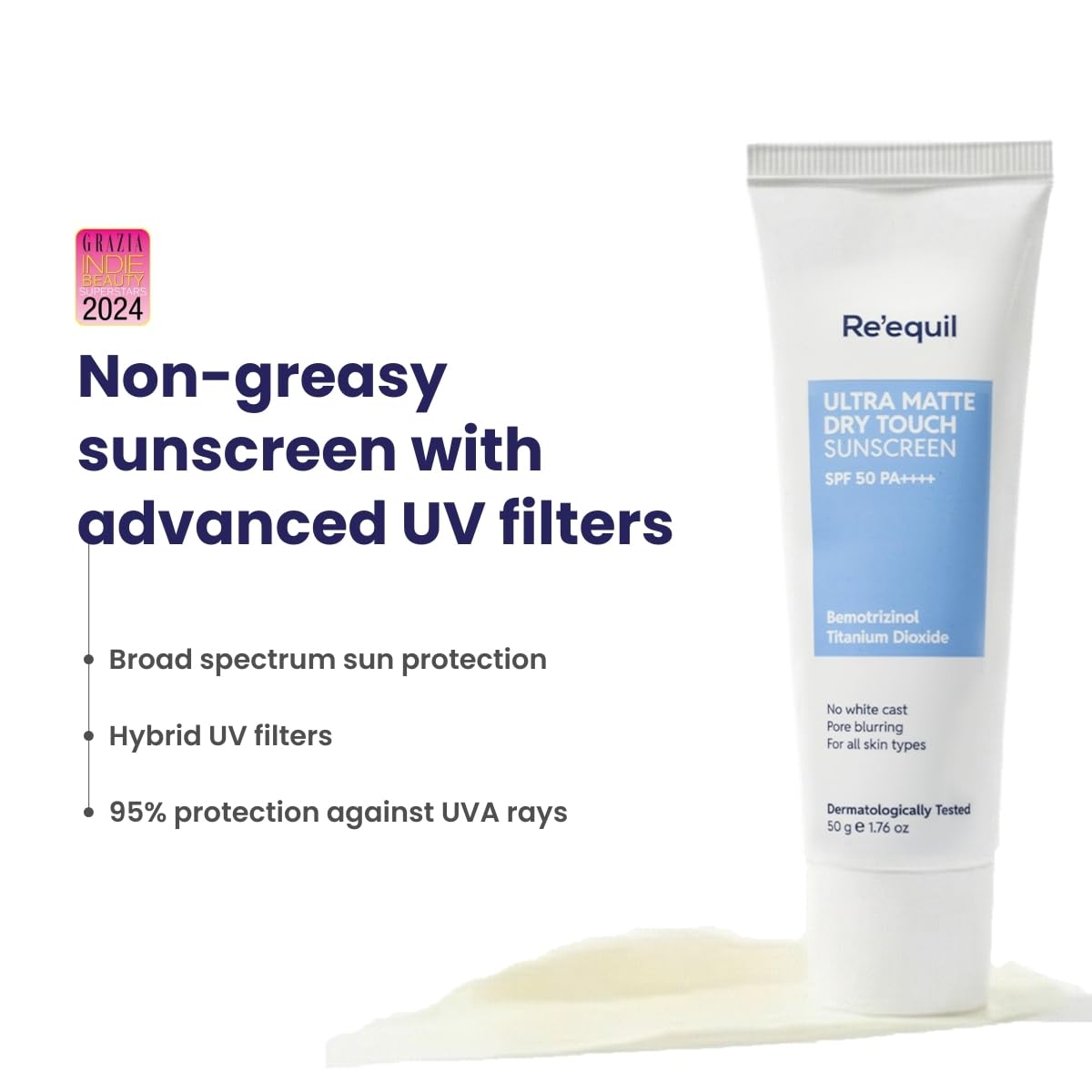 RE' EQUIL Ultra Matte Dry Touch Sunscreen | SPF 50 PA++++ | Water & Sweat Resistant | No White Cast, Non-Greasy & Non-Comedogenic | For All Skin Types | 50G image 2