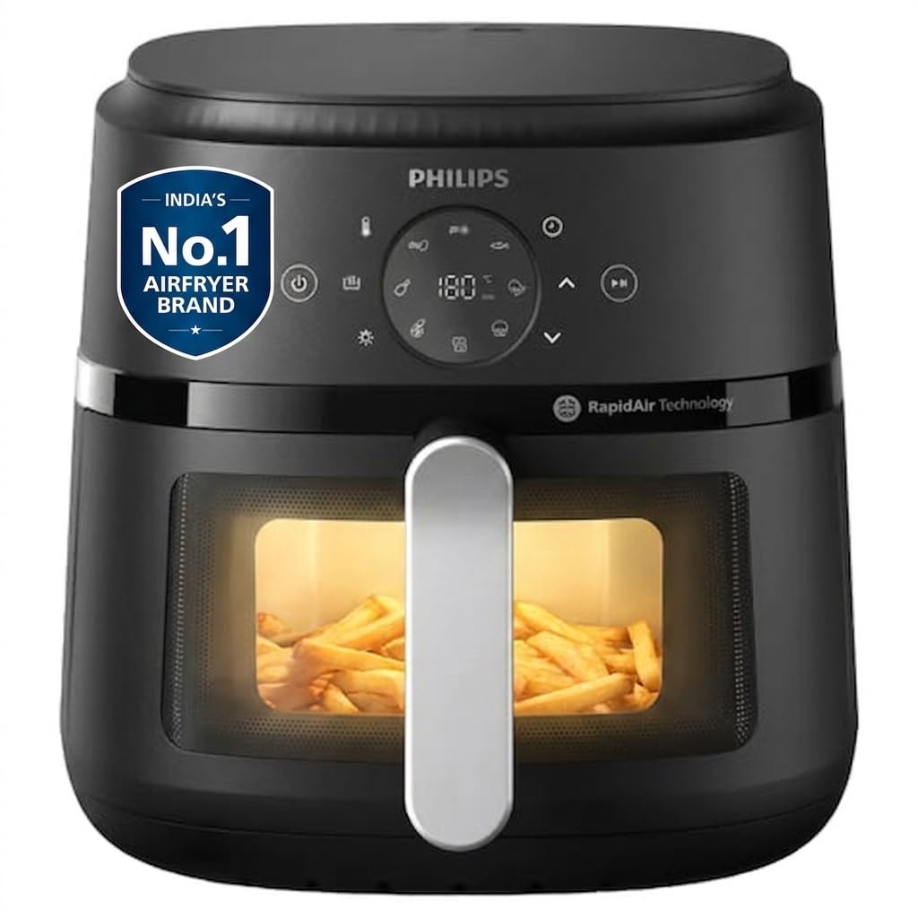 PHILIPS Air Fryer NA231/00 with touch panel, 6.2 Litre, Extra Large | with touch panel, uses up to 90% less fat, 1700W, with Rapid Air Technology (Black),Cooking window