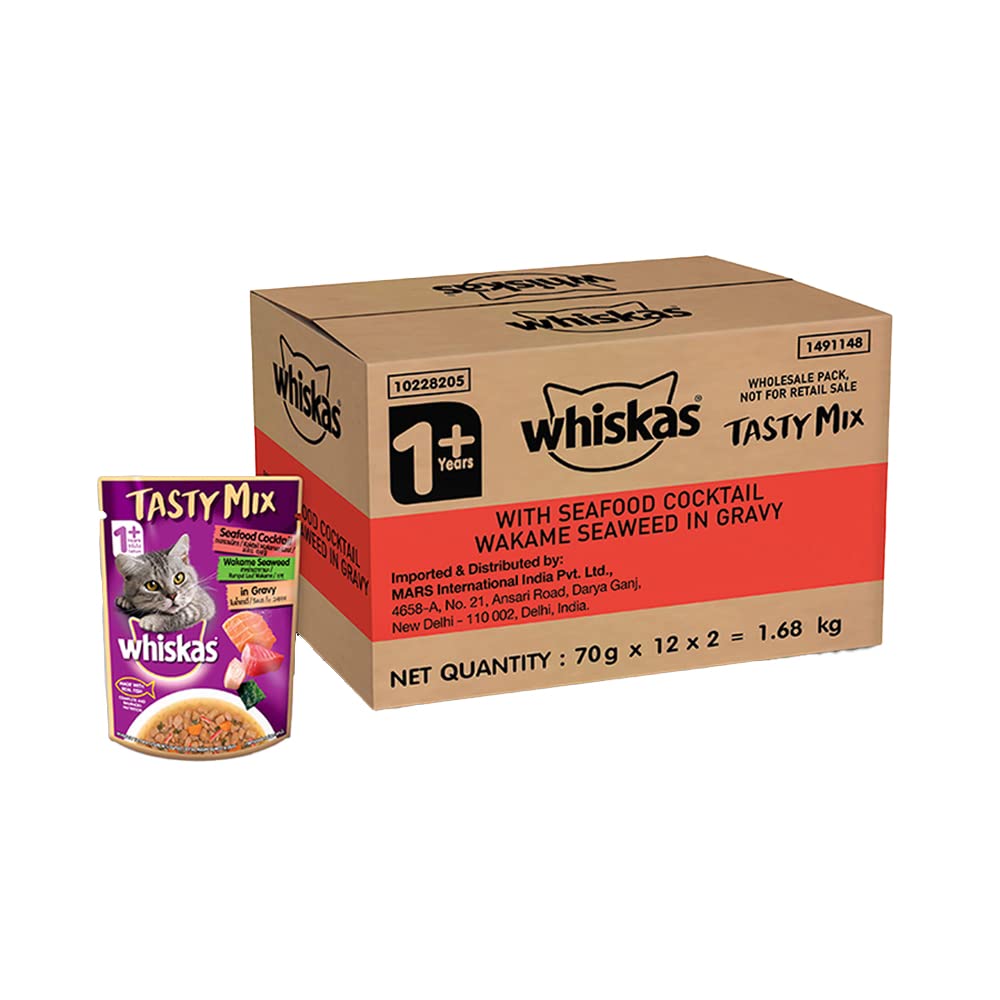 Whiskas Tasty Mix Wet Food for Adult Cats (1+ year), Made With Real Fish, Seafood Cocktail Wakame Se