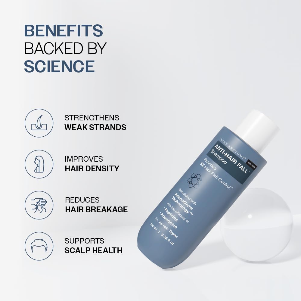 Bare Anatomy Anti-Hair Fall Shampoo | Provides 5x Hair Fall Control | pH 4.6 | Adenosine & Peptides | Strengthens Weak Roots & Reduces Breakage | Sulphate & Paraben Free | Unisex | 100ml image 4