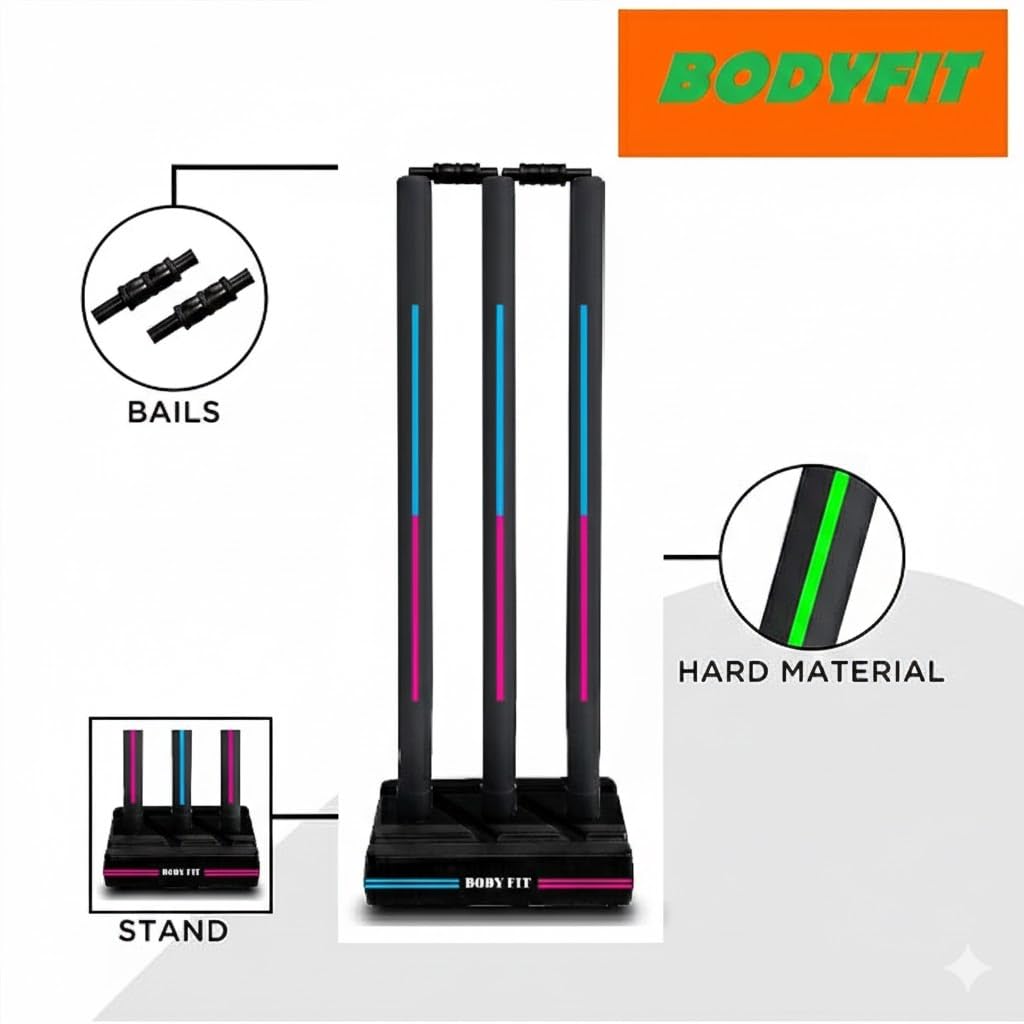 Bodyfit Heavy Duty Plastic Premium Cricket Kit Set | Lightweight| Full Size| | Hard Plastic Bat| Premium Cricket Wicket Set l 3 Stumps+2 Bails+1 Stand Set, 1 Ball. (Black-FBluePnk) image 3