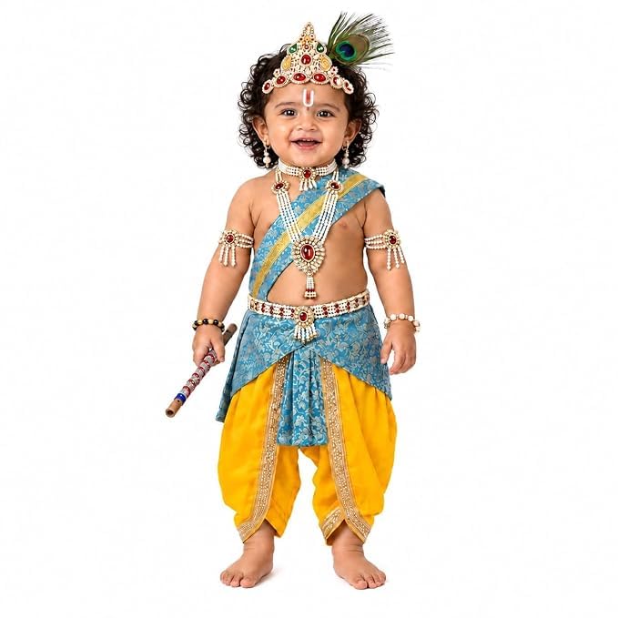 INTERNATIONAL Krishna Dress for Kids | Baby Krishna Costume with Jewellery Accessories| Yellow Ferozi Designer Krishna Outfit for Boys & Girls|Bal Gopal Fancy Dress for Janmashtami & Festivals