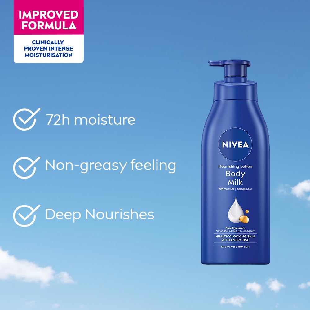 NIVEA Nourishing Body Milk 600ml Body Lotion with Hyaluronic Acid | 72Hr Hydration | Deep Moisture Care for Very Dry Skin | Enriched with Almond Oil | Smooth, Radiant & Healthy Looking Skin Care image 4