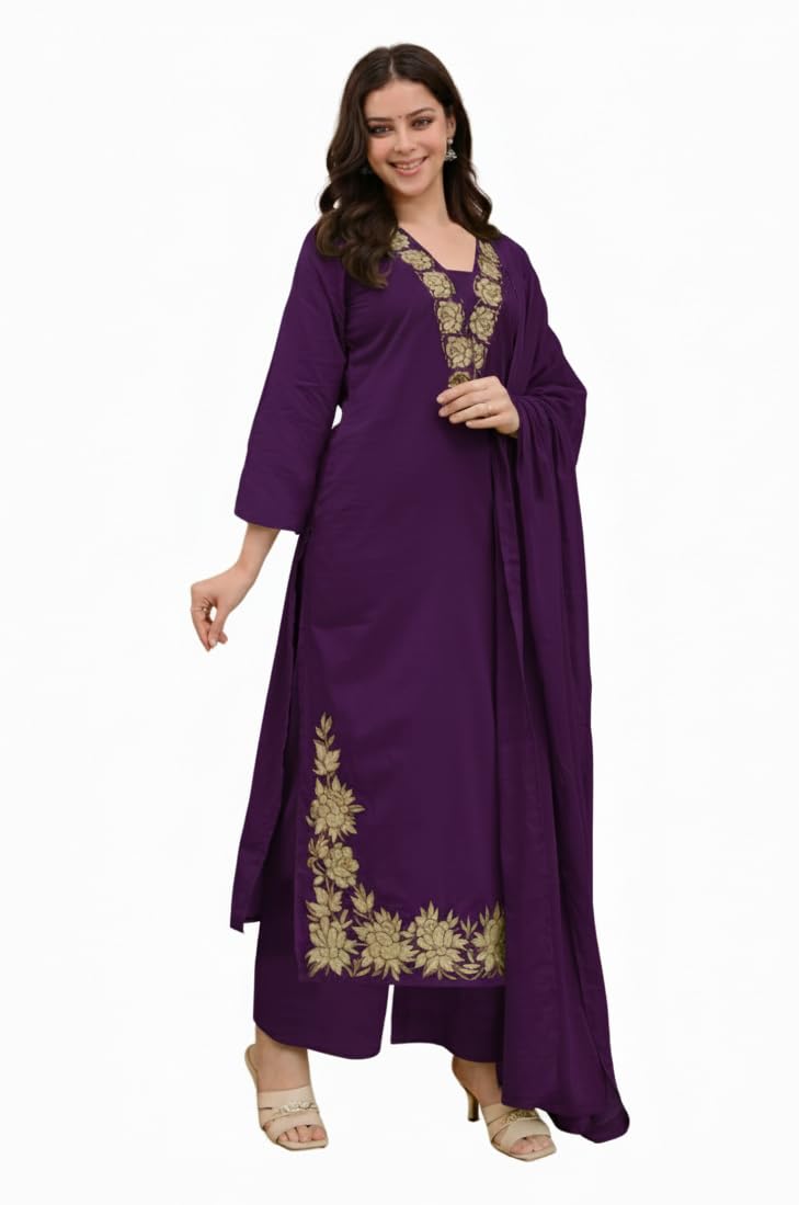 Klosia Women Solid Embroidery Kurta and pant set With Dupatta image 3