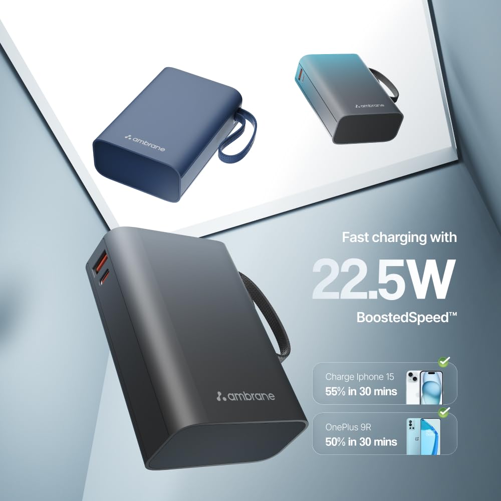 Ambrane 20000mAh Small Pocket Size Powerbank, Hanging InBuilt Type C Cable, 22.5W Fast Charging, Type C PD & USB Output for iPhone, Android Mobiles & Other Devices (MiniCharge 20, Black-Blue) image 5