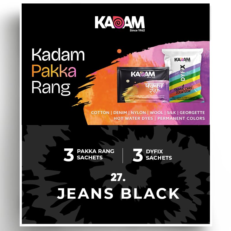 Kadam Pakka Rang | 3 Kadam Pakka Rang Sachets | Shade No.27 Jeans Black | 3 DyFix Color Fixer Sachets | Fabric Dye Colors | Permanent Colors for Fabrics