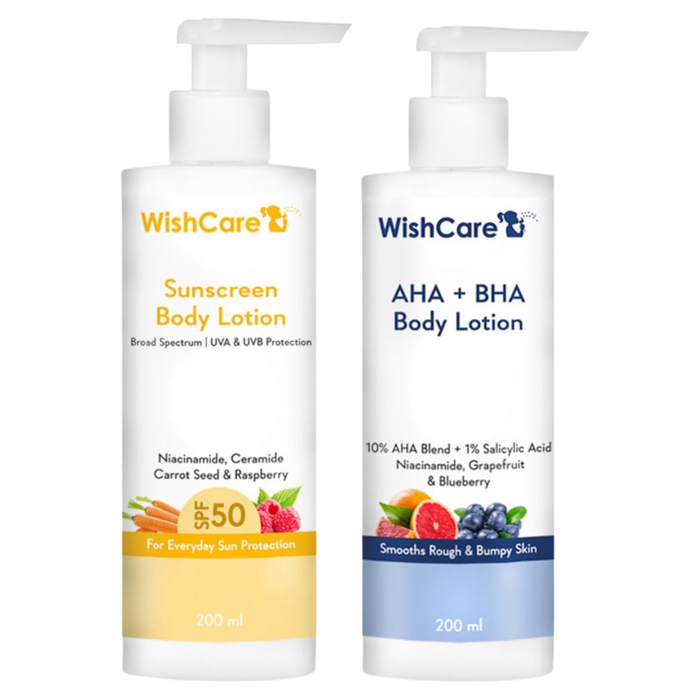WishCare All Skin De-Tan Combo - AHA BHA Body Lotion & SPF50 Sunscreen Lotion 200ml Each