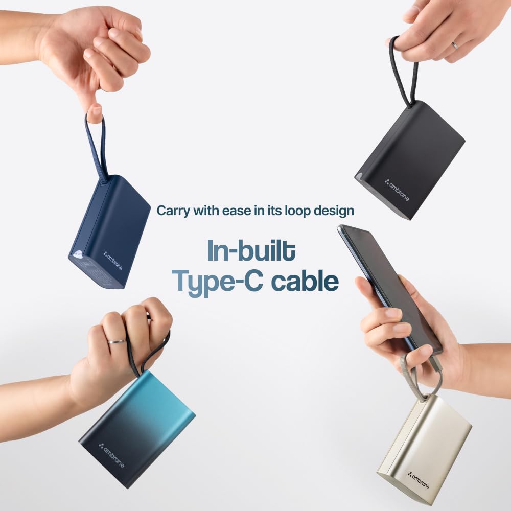 Ambrane 20000mAh Small Pocket Size Powerbank, Hanging InBuilt Type C Cable, 22.5W Fast Charging, Type C PD & USB Output for iPhone, Android Mobiles & Other Devices (MiniCharge 20, Black-Blue) image 3