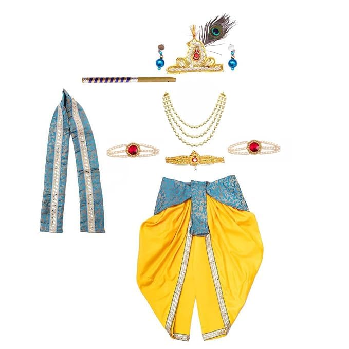 FANCY FLIGHT Krishna Dress for Baby Boy Kids(Dhoti,Patka,Mukut,Morpankh,Bansuri,Kamarband,Bajuband,Kundal) Little Krishna Ji Kanha Janmasthmi Costume image 2