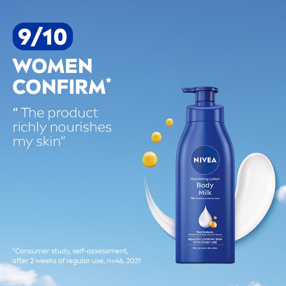 NIVEA Nourishing Body Milk 600ml Body Lotion with Hyaluronic Acid | 72Hr Hydration | Deep Moisture Care for Very Dry Skin | Enriched with Almond Oil | Smooth, Radiant & Healthy Looking Skin Care image 3