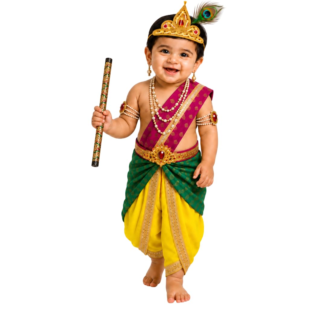 ITSMYCOSTUME Krishna Dress for Baby Boy Kids Set of 10(Dhoti,Patka,Hip Cover,Mukut,Morpankh,Bansuri,Kamarband,Bajuband,Kundal) Little Krishna Ji Kanha Janmasthmi Costume for Kids image 5