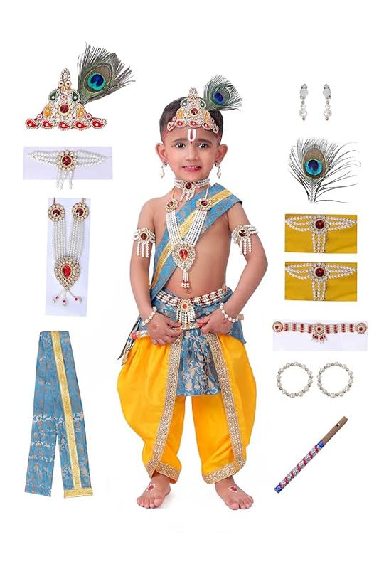 INTERNATIONAL Krishna Dress for Kids | Baby Krishna Costume with Jewellery Accessories| Yellow Ferozi Designer Krishna Outfit for Boys & Girls|Bal Gopal Fancy Dress for Janmashtami & Festivals image 2