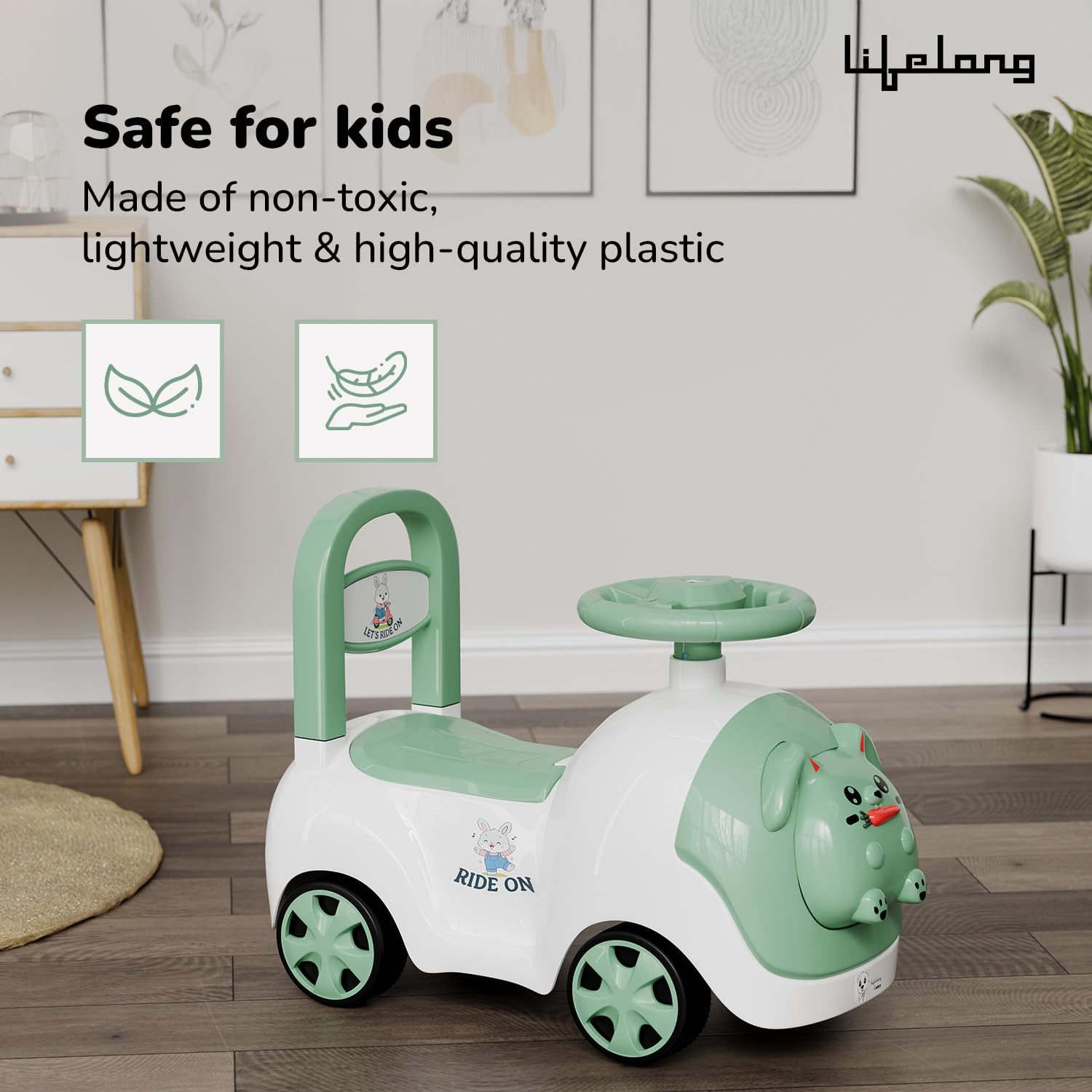 Lifelong Bunny Manual Push Rideon Toy Car with Back Support for Boys & Girls 1-4 Yrs, Non-Musical, Easy Installation, 50kg Capacity, Storage, Indoor Outdoor (LLCBBR02) image 5